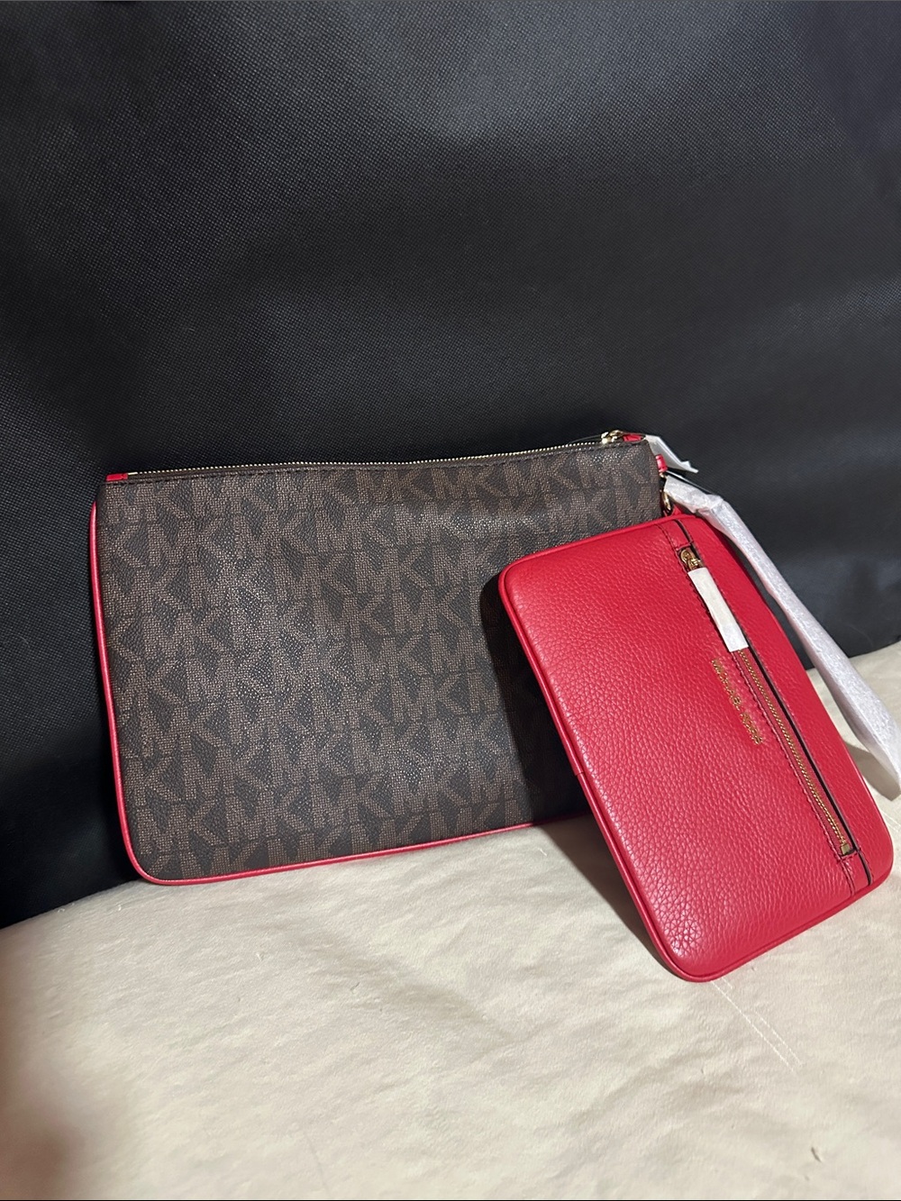 Michael Kors Brown MK Logo Pouch with Red Pebbled Leather Insert - Picture 2 of 2